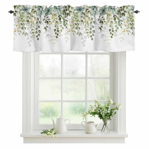 Sage Green Eucalyptus Leaves Valance for Windows Berry Branch Plant Curtains Valances Spring Short Curtains Rod Pocket Window Treatment for Kitchen Living Room Bedroom Bathroom Decor 1 Panel 42x12