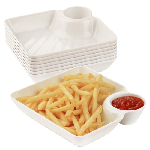 RAMFIYN 8 pcs Chips and Salsa Serving Dish, White Reusable Chip and Dip Bowl Serving Dishes for Entertaining Plastic Dip Tray Plate with Dipping Sauce Compartment