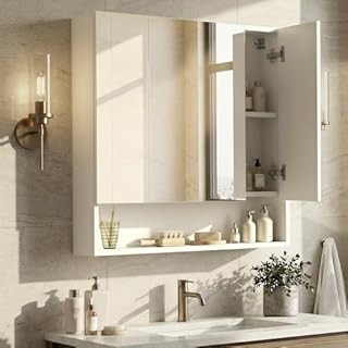 VASAGLE KAILYN Collection - Medicine Cabinet Mirror, Bathroom Wall Mirror Cabinet with Storage, Open Compartment, Adjustable Shelves, 6.5 x 27.6 x 29.5 Inches, Cloud White UBBK129W01
