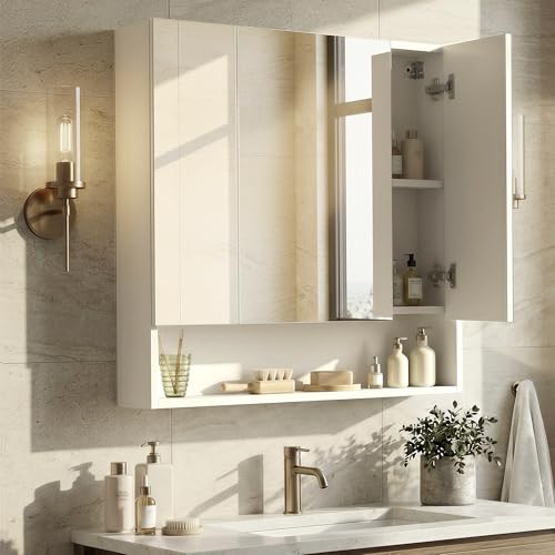 VASAGLE KAILYN Collection - Medicine Cabinet Mirror, Bathroom Wall Mirror Cabinet with Storage, Open Compartment, Adjustable Shelves, 6.5 x 27.6 x 29.5 Inches, Cloud White UBBK129W01 by VASAGLE - Used condition - US$49.76