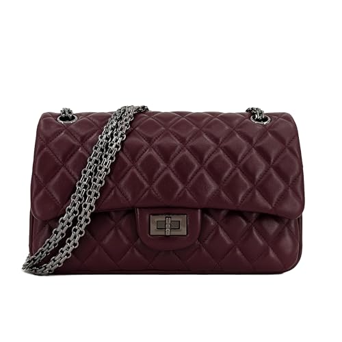 Quilted Leather Crossbody Bags for Women,Soft Lambskin Adjustable Double Chain Strap Shoulder Bag,Designer Flap Purse