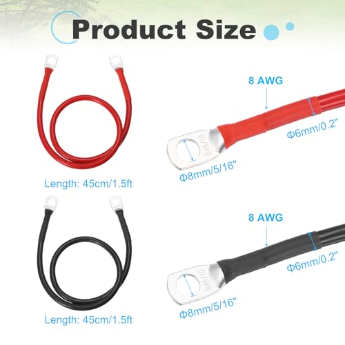 sourcing map 2PCS 8 AWG Battery Cable, 1.5ft Pure Copper Battery Inverter Cables with 5/16" Ring Terminals for Marine Solar Boat Car RV, Red Black