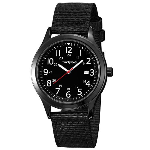 Timoty Seth Mens Teenagers 3 ATM Waterproof Military Army Tactical Field Watches, Calandar Date, Casual Quartz, Sports Wrist Watch with Nylon/Leather Strap (Black)