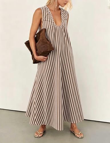 Image of Women Flowy Maxi Dress Ruched Sleeveless Long Dress Vacation Fashion Summer Casual Loose Fit Sundress with Pockets