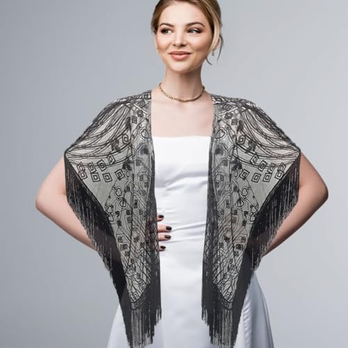 1920s Sequin Beaded Shawl Wraps, Sequin Cloak Retro Cloak Party Banquet Carnival Dance Supply Wrap, Fringed Evening Cape Scar3