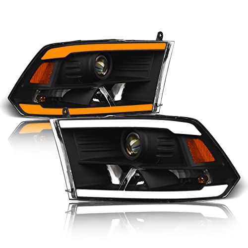 Alpha Owls 8722138 Projector Headlights With Switchback Sequential LED Light Bar & Startup Light - Black Amber Fits 2009-2018 Dodge Ram 1500 2500 3500/2019-2023 Classic Halogen Models