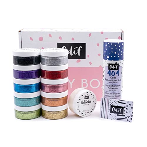 Odif - OdiShine - Kit DIY Gel Pailleté pour Tissus - 11 Couleurs + 1 Colle Repositionnable 404 + 1 Spray Box - Fabriqué en France - Pots de 70 ml Cover