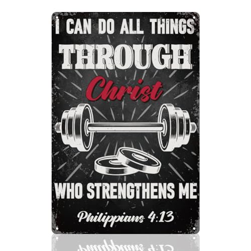 Home Gym Barbell Wall Decor Sign I Can Do All Things Through Christ Who Strengthens Me Motivational Quote Wall Art, Vintage Metal Tin Poster for Home Workout Fitness Room Wall Decor Gift for Man