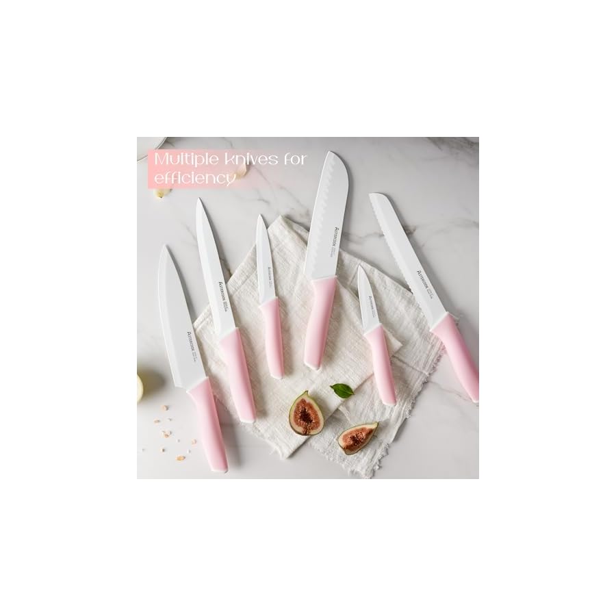 Astercook Knife Set, Kitchen Knives Set with Block and Sharpener Ceramic Coating 15 Pcs German Stainless Steel Knives Sharp Blade Dishwasher Safe Knife Block Set with Ergonomic Handle, Crystal Pink