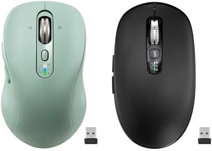 Two INFINMIND wireless mice, one green and one black, with two USB receivers.