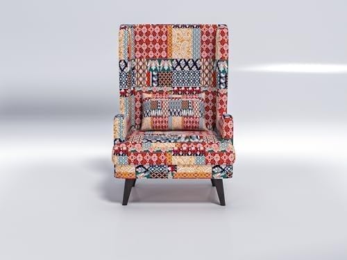 Image of Custom Decor Wooden Wing Chair Without Ottoman Stool | Wingback for Living Room | One Seater Sofa | High Density Foam | Accent Chair for Seating and Home Decor Furniture | (Marwadi, Without Ottoman)