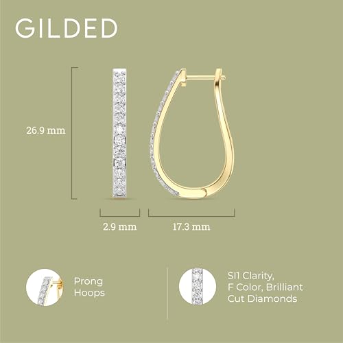 Gilded Lab-Grown Diamond Prong Set Hoop Earrings for Women in 925 Sterling Silver and 14KT Yellow Gold Plated Silver | Hypoallergenic Fine Jewelry | Hinged Closure | SI1 Clarity, F Color |1/4,1/2, 1,2 Carat Total Weight4