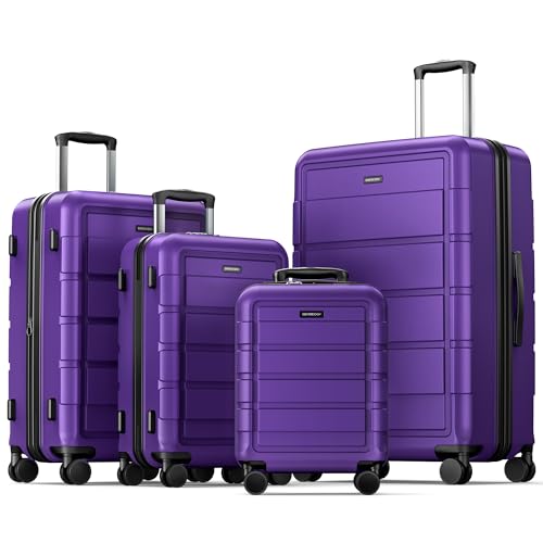 SHOWKOO Kofferset 4 Teilig Familienset Hartschale Leicht ABS+PC Erweiterbar Reisekoffer Haltbar Trolley Handgepäck Sets mit TSA Schloss und 4 Rollen (S M L XL -Lila)