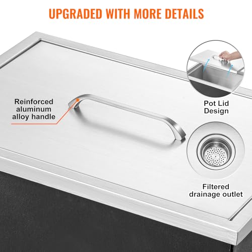 Image of VEVOR Drop in Ice Chest, 20 inch L x 14 inch W x 12 inch H Stainless Steel Ice Cooler, Commercial Ice Bin with Cover, 40 qt Outdoor Kitchen Ice Bar, Drain-Pipe and Drain Plug Included, for Cold Wine Beer
