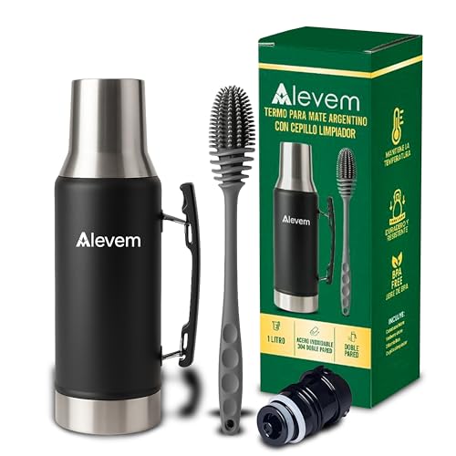 Termo Mate Argentino 1L Máxima Conservación de Temperatura | Termo para Mate Acero Inoxidable 304 con Pico Cebador y Cepillo Limpiador y Pegatinas | Botella Termica Duradera para Cebar