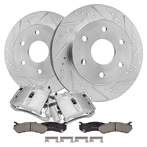 Image of Detroit Axle - Front Brake Kit for Silverado Sierra Savana Express 1500 | GMC Chevy Astro, Drilled & Slotted Disc Brake Rotors Ceramic Brake Pads Brake Calipers Replacement 12'' inch Rotors