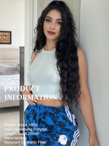 Rosooi 26 Inch Long Black Drawstring Ponytail Extension For Women Synthetic Long Curly Wavy Clip In Ponytail Hair Extensions For Daily Party Use thumb #1