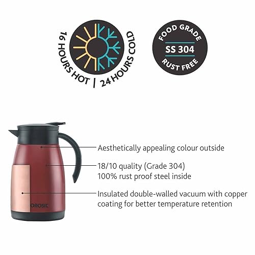 Image of Borosil Stainless Steel Teapot with Handle | Double Wall Vacuum Insulated Thermosteel Carafe | BPA Free Jug for Tea /Coffee & Juice | 18 Hours Hot & 24 Hours Cold | 1 Year Warranty (Red, 750ml)