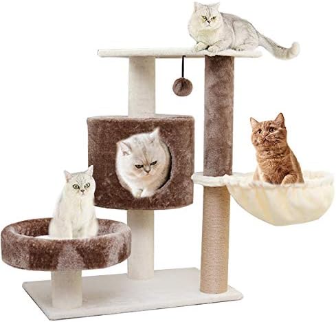 Seemo Cat Tree Tower House 29.5 inch (75cm) with Comfortable Short Plush,with a Basket Lounger,a Cat Condo and two Watchtowers,Extra Thick Posts Completely Wrapped in Sisal,Easy to Assemgbly, Khaki