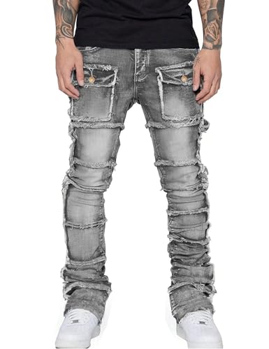 Mens Stretch Slim Fit Jeans Ripped Stacked Pant Straight Leg Cargo Jeans Hip Hop Distressed Pant Trousers