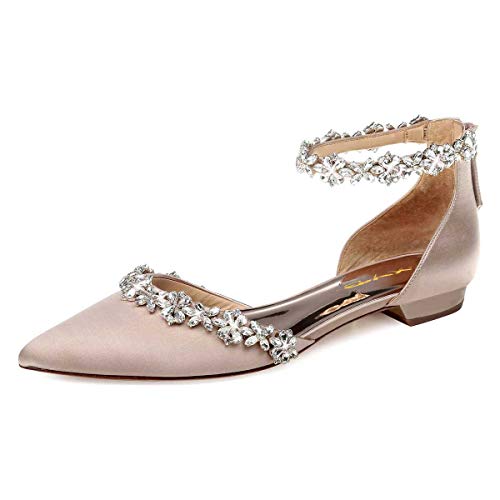 Image of XYD Women Classic Pointed Toe D'Orsay Wedding Flat Sandals Sparkly Rhinestones Ankle Strap Low Heel Dress Shoes with Zipper