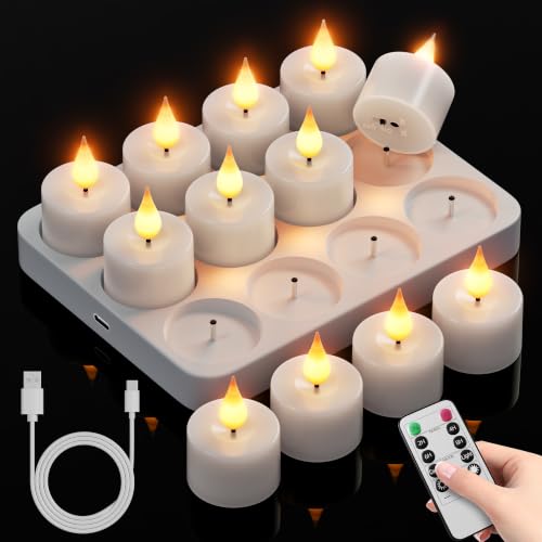 Rechargeable Flameless Tea Lights Candles: 12Pcs Battery Operated Tea light Candles with Remote Timer & Charging Base LED Flickering Votive Tealight Candles for Christmas Halloween Wedding Decor
