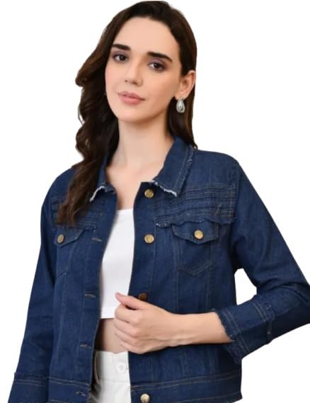 Women's Classic Denim Jacket, Dark Blue, Long Sleeve Button Down Casual Outerwear-picture-53