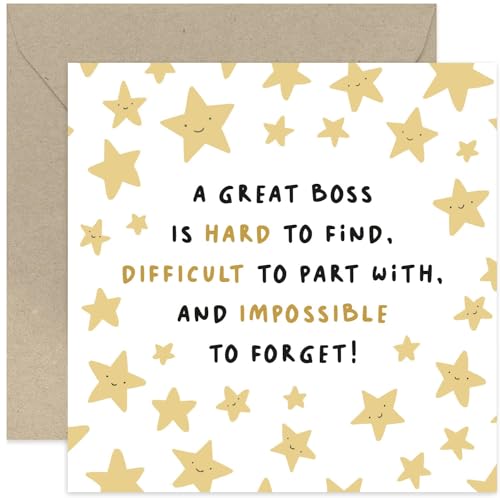 Old English Co. Fun Stars Leaving Card for Boss - 'Impossible To Forget' Leaving Card for Him or Her from Work Team - Thank You Good Luck Retirement Card for Boss | Blank Inside with Envelope