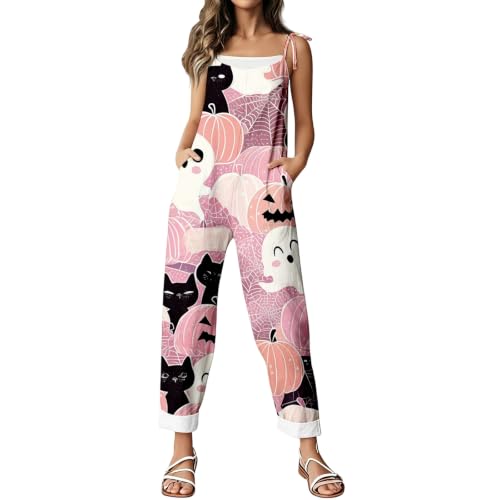 Qaezyco Halloween Jumpsuit Women,Halloween Jumpsuit Women One Piece Sleeveless Wide Leg Cat Pumpkin Print Overalls Fall Work Party Holiday Rompers(02_Pink,Medium) - image 1