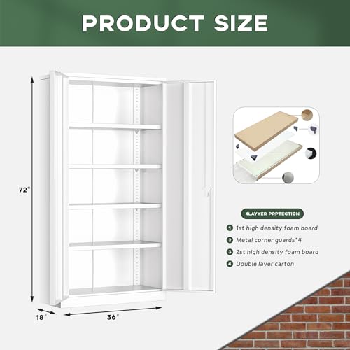 Image of Greenvelly Metal Storage Cabinet, 72 inch Locking Metal Garage Storage Cabinet with Doors and 4 Adjustable Shelves, Lockable Steel Cabinets for Home Office, Garage, Shop, School (White 36 inch W x 18 inch D)