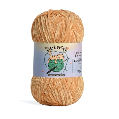 Image of Fuzzy Chenille Yarn for Crocheting, Fluffy Amigurumi Crochet Yarn for DIY Craft /Hat /Shoes, (100g /197yds) Soft Velvet Baby Blanket Yarns(Khaki)