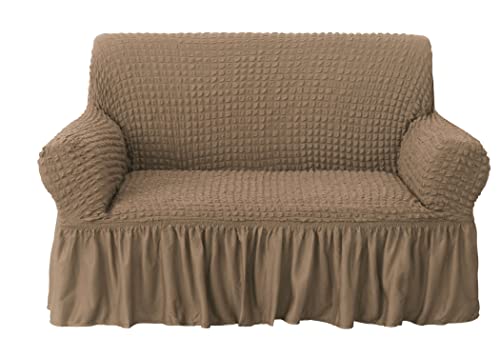 Image of House of Quirk Turkish Bubble Frill 280 GSM Sofa Slipcovers, Durable Washable Universal Double Seater High Elastic Furniture Protector (Light Brown, 145-185cm)