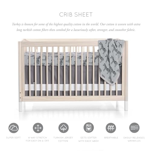 Image of Oilo Crib Sheet, Breathable 100% Turkish Cotton Fitted Jersey, 300 Thread Count, Machine Washable, Fits Standard Crib (28 inch x 52 inch x 6 inch), Toddler Bedding, Gray Zebra