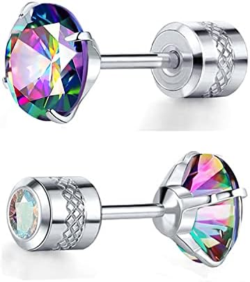 Titanium Screw Back Earrings Surgical Stainless Steel Rainbow Cubic Zirconia Fake Diamond Flat Back Stud 316L Hypoallergenic for Sensitive Ear for Women Men Teen CZ Twist Piercing Post