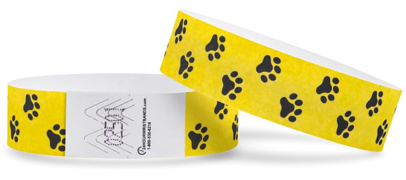 100 Pack Tyvek Wristbands for Ticket Event Concert, Carnival, Waterparks, Party Bracelets for Events (Paw Print Yellow)