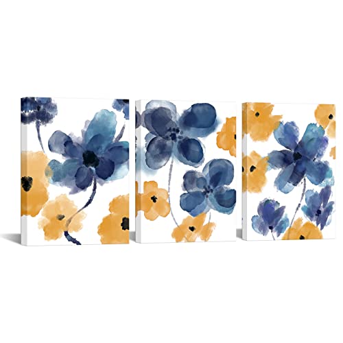 Biuteawal 3 Panels Abstract Flower Canvas Wall Art Blue and