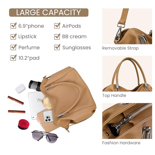 Image of HESHE Leather Shoulder Purses for Women Tote Handbags Satchel Hobo Handbag | Designer Genuine Leather Travel Top Handle Work Bag Ladies Crossbody Purses Adjustable Straps Large Capacity Zippered Closure