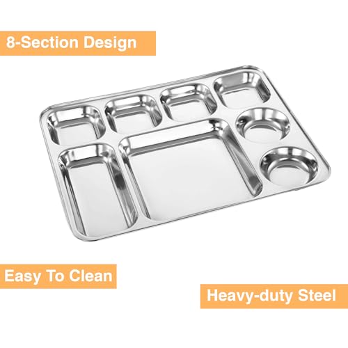 Image of Expresso Heavy Duty Stainless Steel Rectangle Dinner Plate w /8 Sections Divided Mess Trays for Kids Lunch, Camping, Events & Every Day Use Kitchenware - Set of 2 Pcs