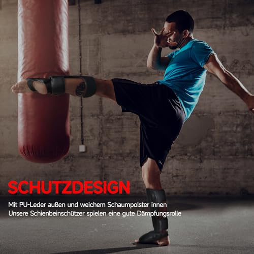 FIVING MMA Kampfsport Schienbeinschützer – gepolsterte, verstellbare Thai Boxschienbeinschützer, mit Spannschutz, geeignet für Taekwondo/Mixed Kampfsport Training und Sparring (L, Schwarz)