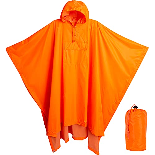 Heavy Duty Reusable Rain Poncho, Backpacking, Waterproof Lightweight Rain Ponchos for Adults, Military Poncho as Emergency Rain Poncho, Camping Poncho Men Women with Bag (Adult-Square-Orange)