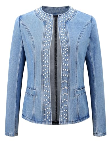 Kedera Women's Pearl Denim Jacket Long Sleeve Collarless Rivet Short Denim Coat with Pockets