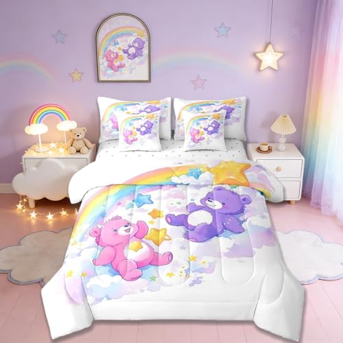 Cartoon Bear Kids Comforter Set 7 Piece Twin Size Rainbow Stars Cloud Watercolor Painting Reversible Quilt Set Cute Pink Purple Bear Kawaii Animal Bedding Set with Comforter Sheet Pillowcase
