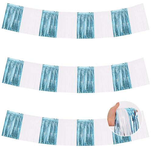 Image of BEISHIDA 3 Packs Metallic Foil Fringe Garland Light Blue White Wall Hanging Tinsel Fringe Banners for Car Floats Bridal Shower Wedding Birthday Graduation Holiday Party Decoration(30 Feet)