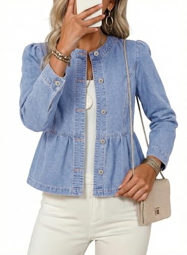 Dokotoo Cropped Jean Jacket Women Fashion Spring Summer Button Down Long Sleeve Cinched Waist Crop Denim Jackets for Women Rodeo Western Country Concert Outfits Coat Beau Blue Denim Cardigan S