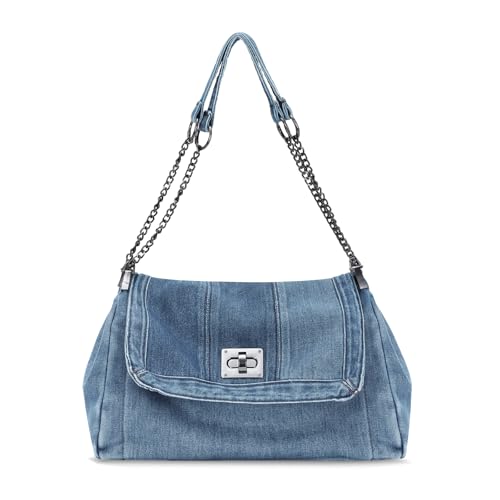 Emprier Denim Shoulder Bags for Women Retro Hobo Purse With Adjustable Chain Fashion Tote Handbags