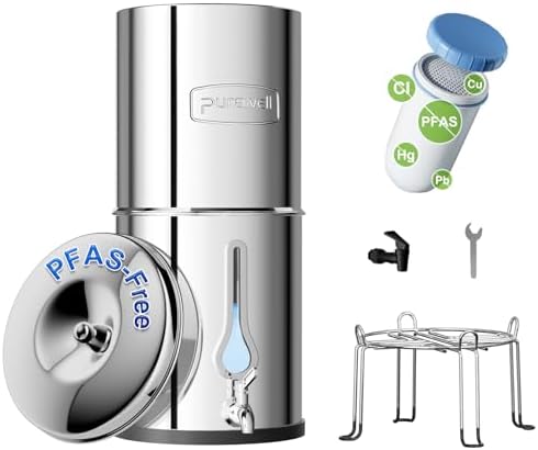Purewell PFAS-Free 6-Stage Gravity Water Filter System with PC Water Level Window, Certified to Reduce Lead, Total PFAS (Forever Chemicals), Mercury, and Chlorine, SF-2.25G