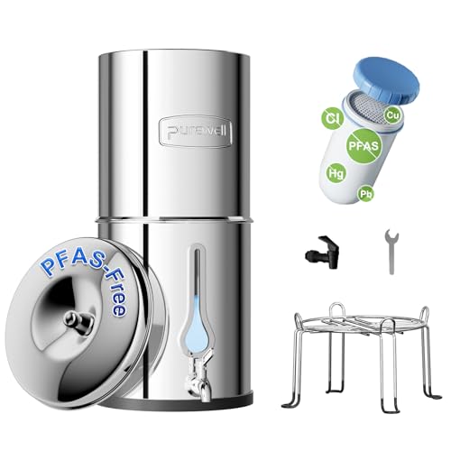 Purewell PFAS-Free 6-Stage Gravity Water Filter System with PC Water Level Window, Certified to Reduce Lead, Total PFAS (Forever Chemicals), Mercury, and Chlorine, SF-2.25G