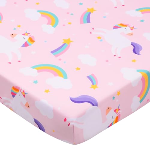 Image of UOMNY Crib Sheet for Girls Unicorn Fitted Baby Crib Sheets for Standard Crib Mattresses Soft Toddler Bed Sheet Pink 28x52 Inch