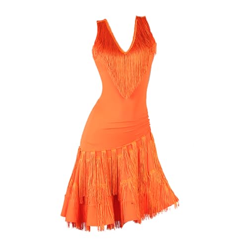 CHAGMEA Ärmelloses Latein Für Damen Tanzkleider Für Die Praxis Lateinisches Turnierkleid Für Frauen Flamenco Kleid Salsa Tanzen Outfit,Orange,S