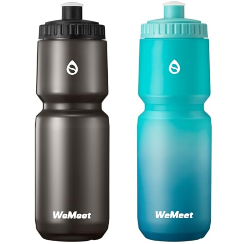 WEMEET Bidón para bicicleta, 2 unidades, a prueba de fugas, botella deportiva con escala de volumen, sin BPA, para ciclismo, exterior (negro y verde, azul, 1000 ml)